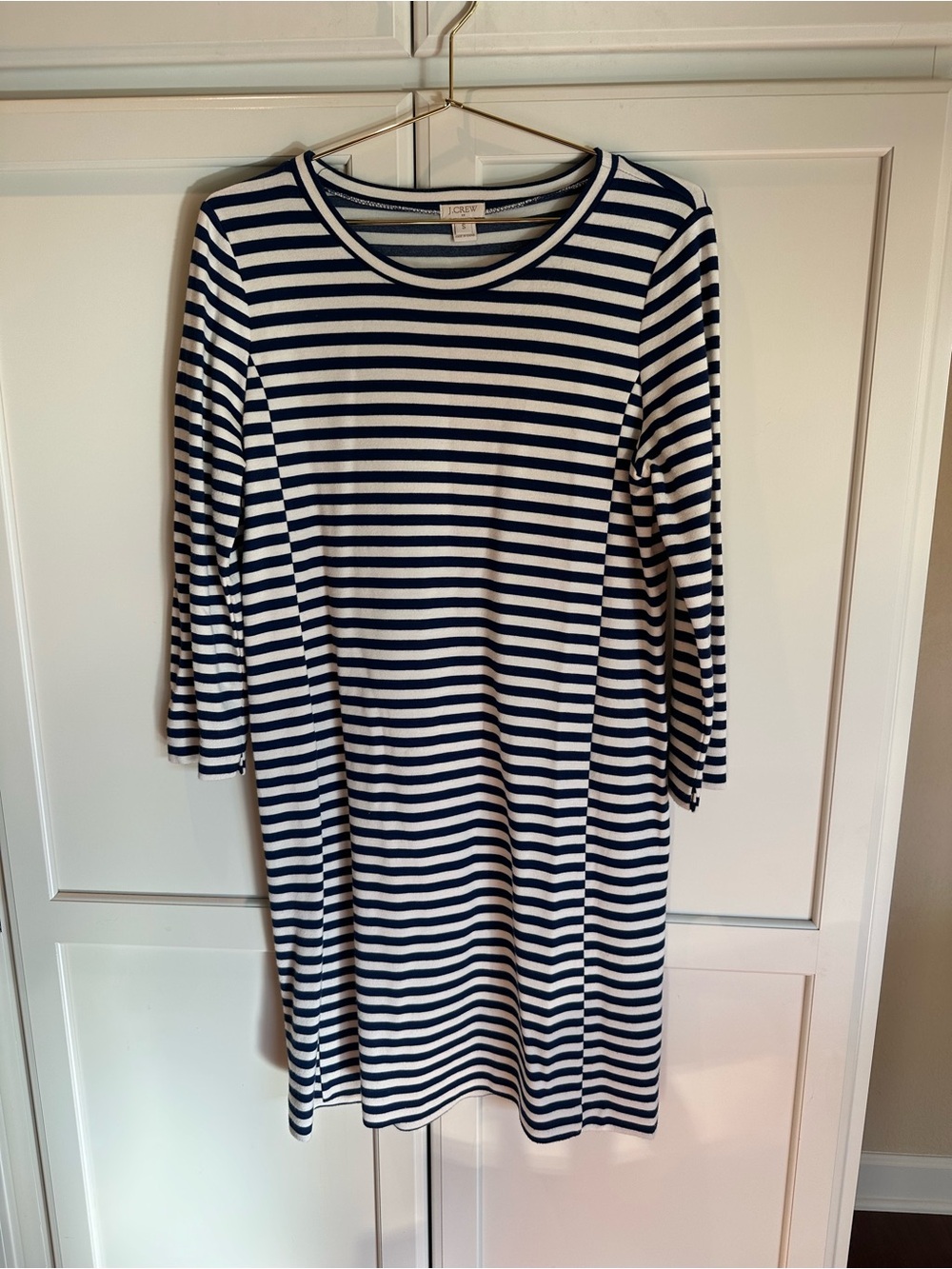 J. Crew Navy and White Striped Long Sleeve Shift Dress